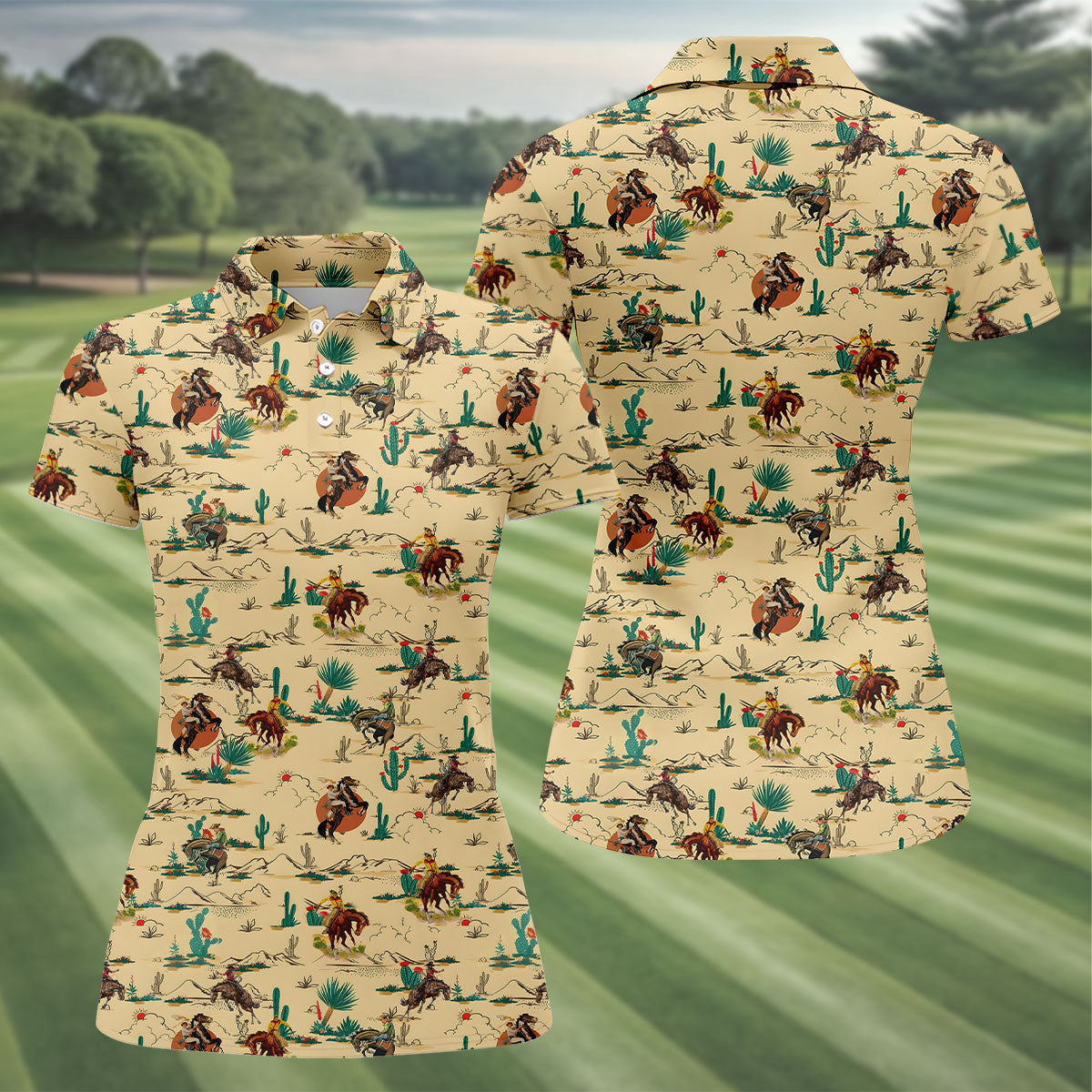 Vintage Cowboy Rodeo Desert Pattern Hawaiian Golf Shirt, Women’s Golf Polo, Printed Golf Shirt