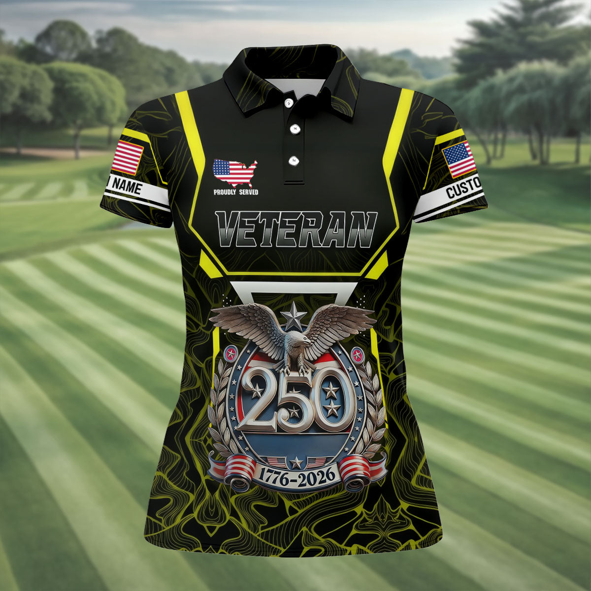 Personalized Veteran America 250 Polo Shirt Yellow Accent, Golf Shirts For Women, Women’s Golf Apparel