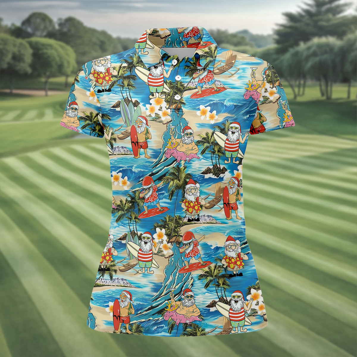Women's Tropical Santa Surf Vacation Golf Shirt, Christmas Golf Shirt, Women’s Golf Apparel