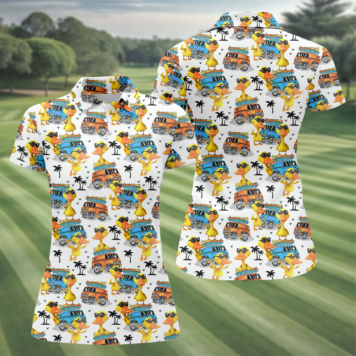Cool Duck Surf Van Beach Golf Shirt, Women’s Golf Polo, Ladies Golf Tops, Printed Golf Shirt
