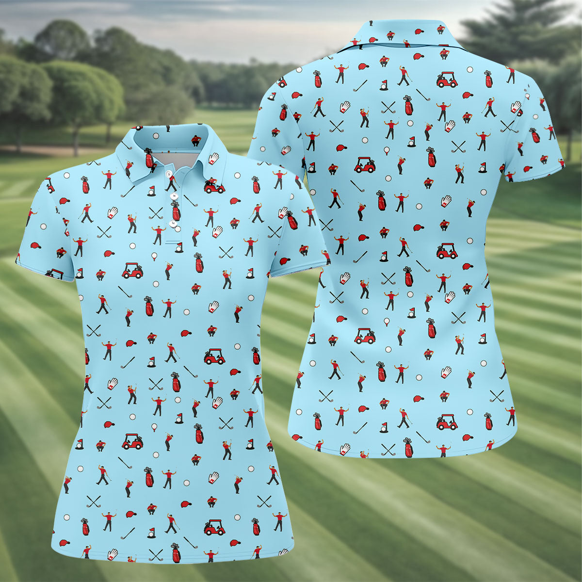 Blue Golf Player Pattern Polo Shirt, Women's Golf Tops, Ladies Golf Shirt