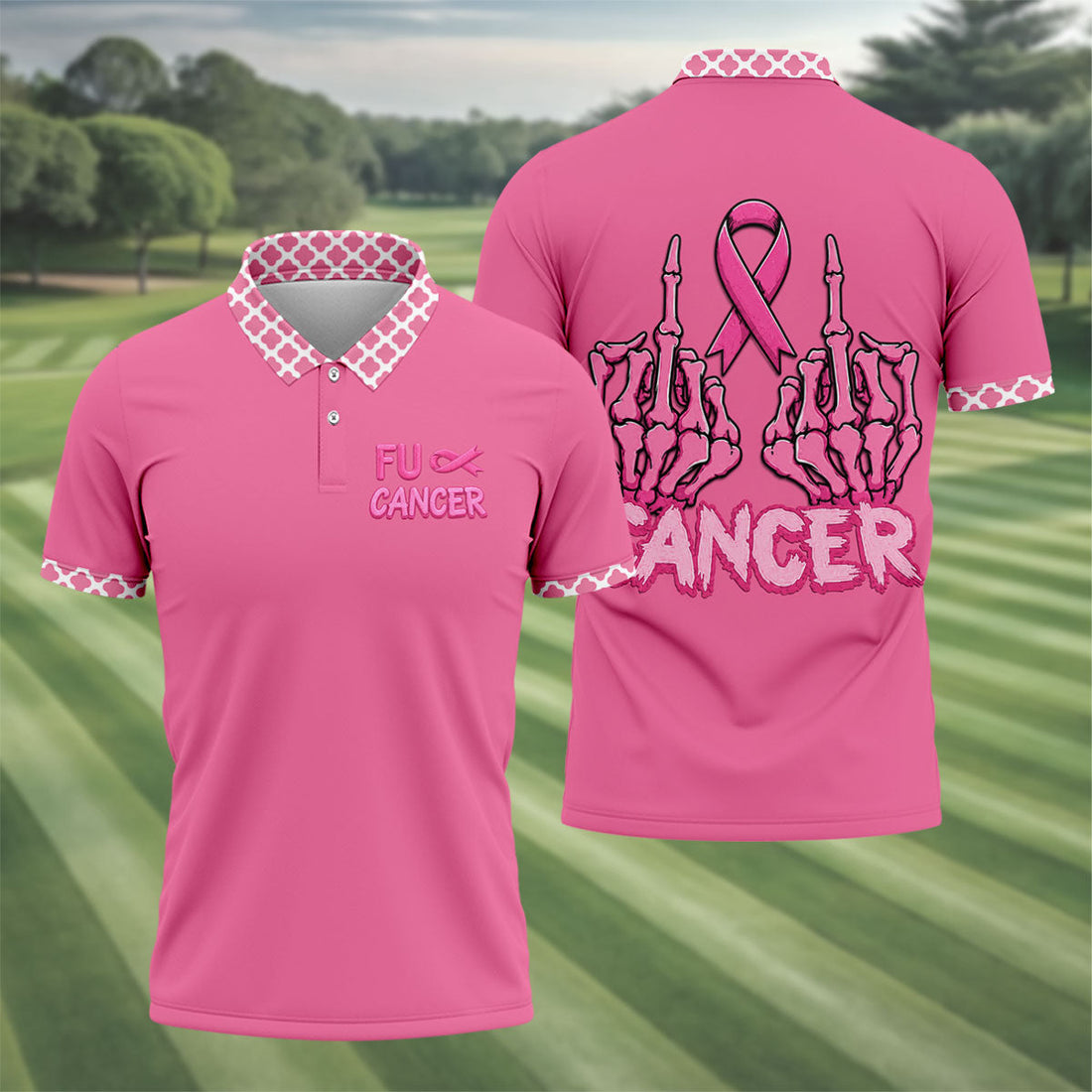 Pink F Cancer Skeleton Middle Finger Breast Cancer Polo Shirt, Men's Golf Shirt, Printed Golf Shirts