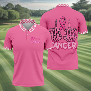 Pink F Cancer Skeleton Middle Finger Breast Cancer Polo Shirt, Men's Golf Shirt, Printed Golf Shirts
