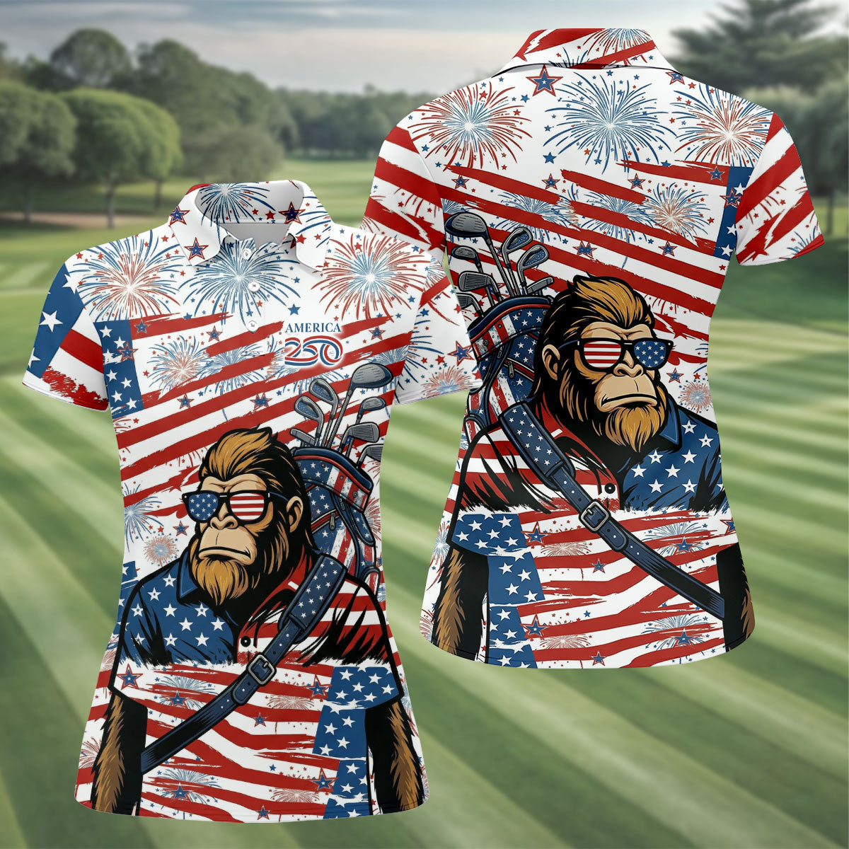 Red White Blue Stars And Stripes 250 Years Bigfoot Golf Shirt, Patriotic 4th Of July Golf Shirt For Women