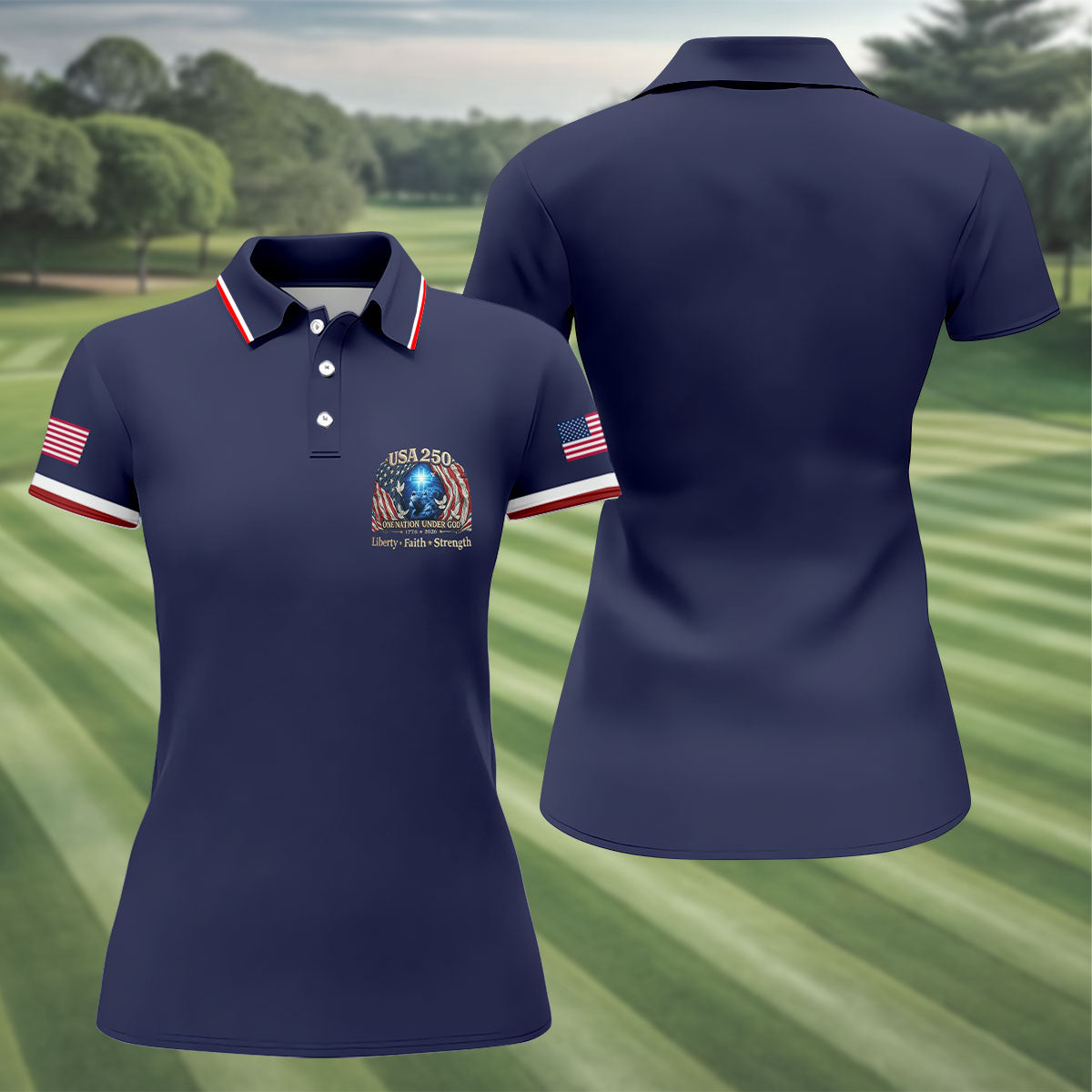One Nation Under God Faith Cross USA 250 Logo Navy Golf Shirt, 4th Of July Golf Shirt For Women