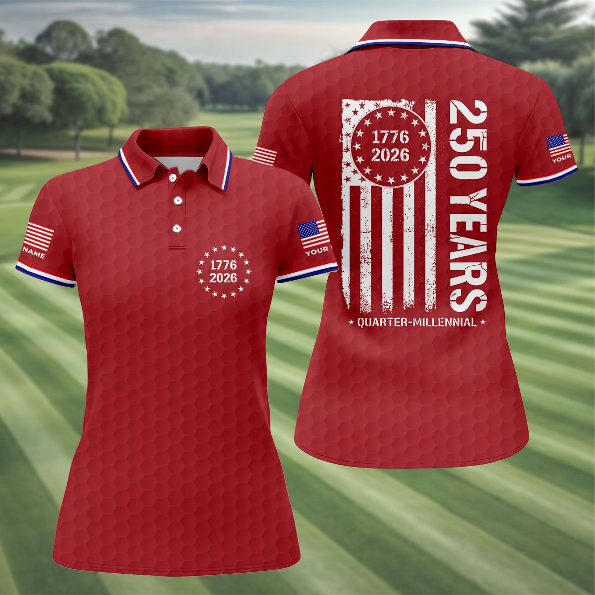250 Years Quarter Millennnial Golf Ball Pattern Red Patriotic Golf Shirt, 4th Of July Golf Shirt For Women