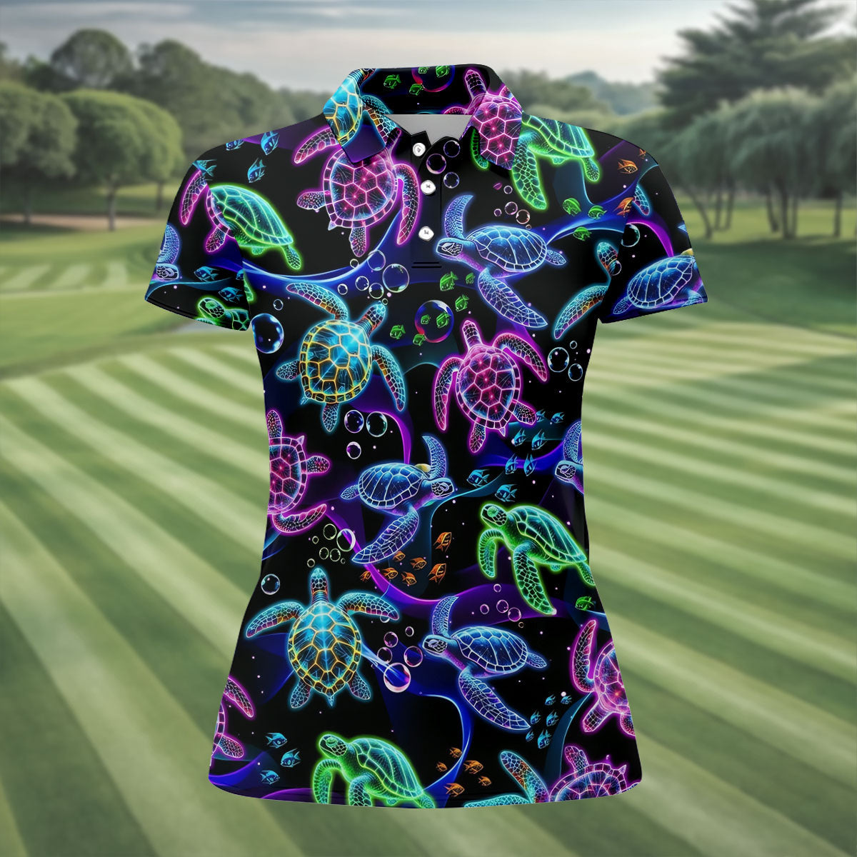 Neon Sea Turtle Ocean Pattern Hawaiian Golf Polo Shirt, Women’s Golf Polo, Ladies Golf Shirts