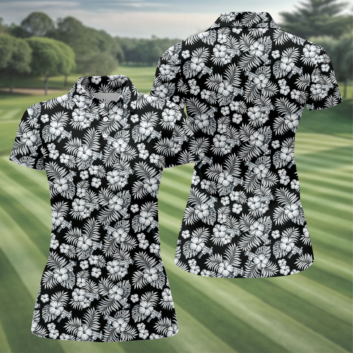Black And White Pattern Tropical Hawaiian Golf Shirt, Summer Theme Golf Shirt For Women