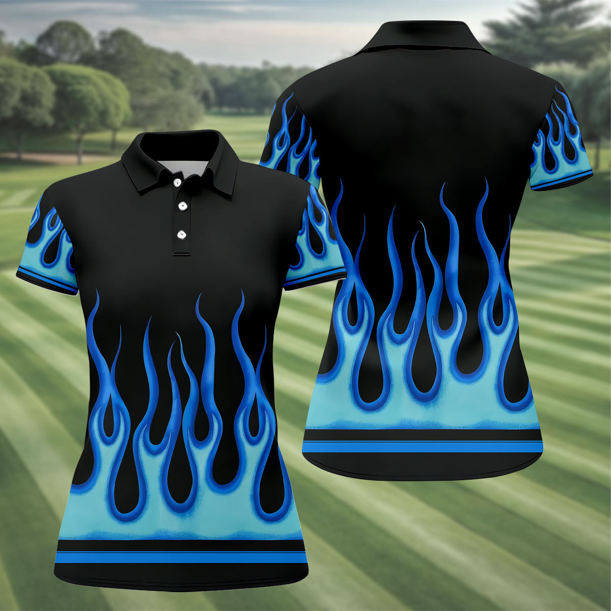 Black Blue Flame Sleeve Golf Shirt, Ladies Golf Shirts, Performance Golf Shirt