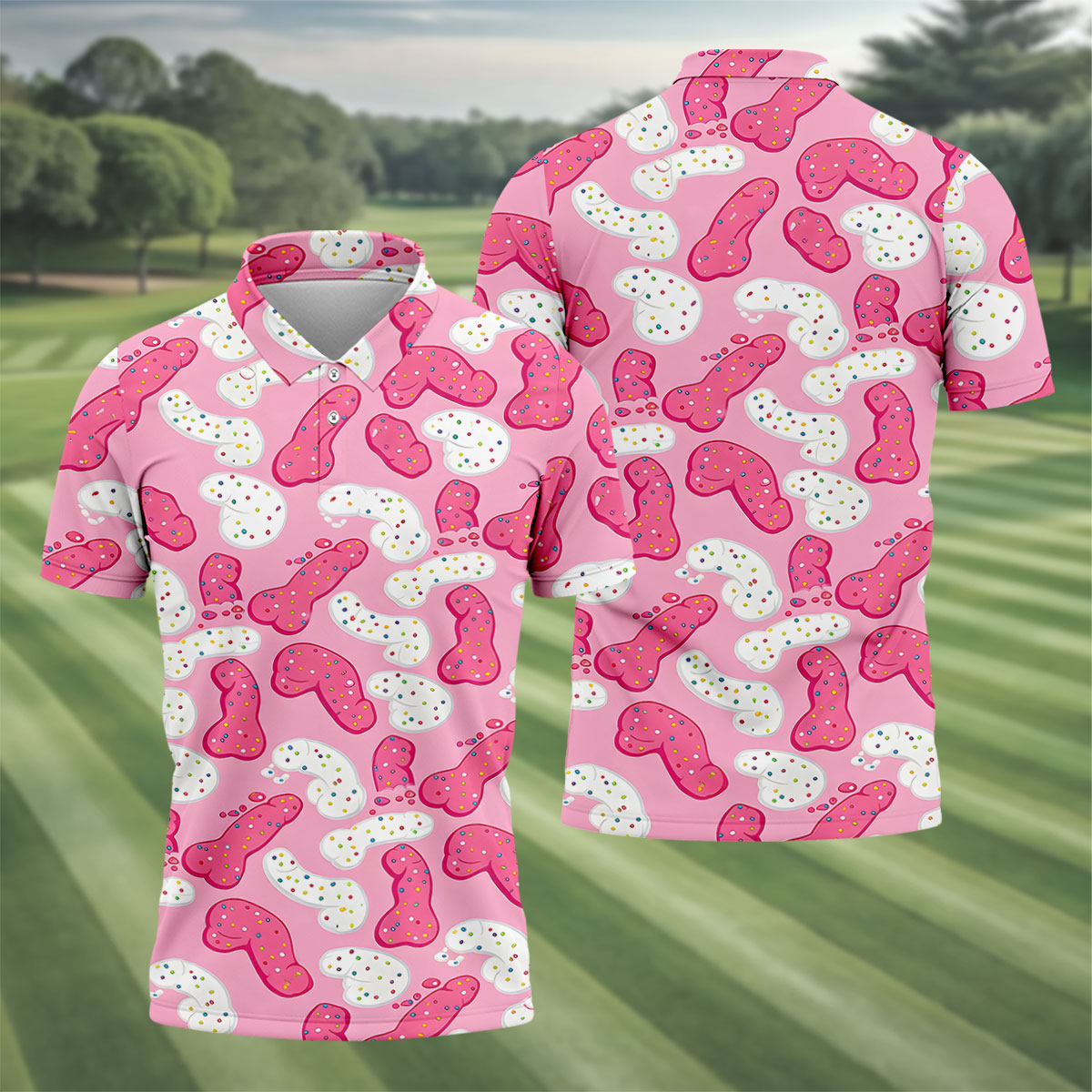 Pink Frosted Cookie Adult Novelty Golf Shirt, Polo Shirts For Men, Golf Apparel For Men