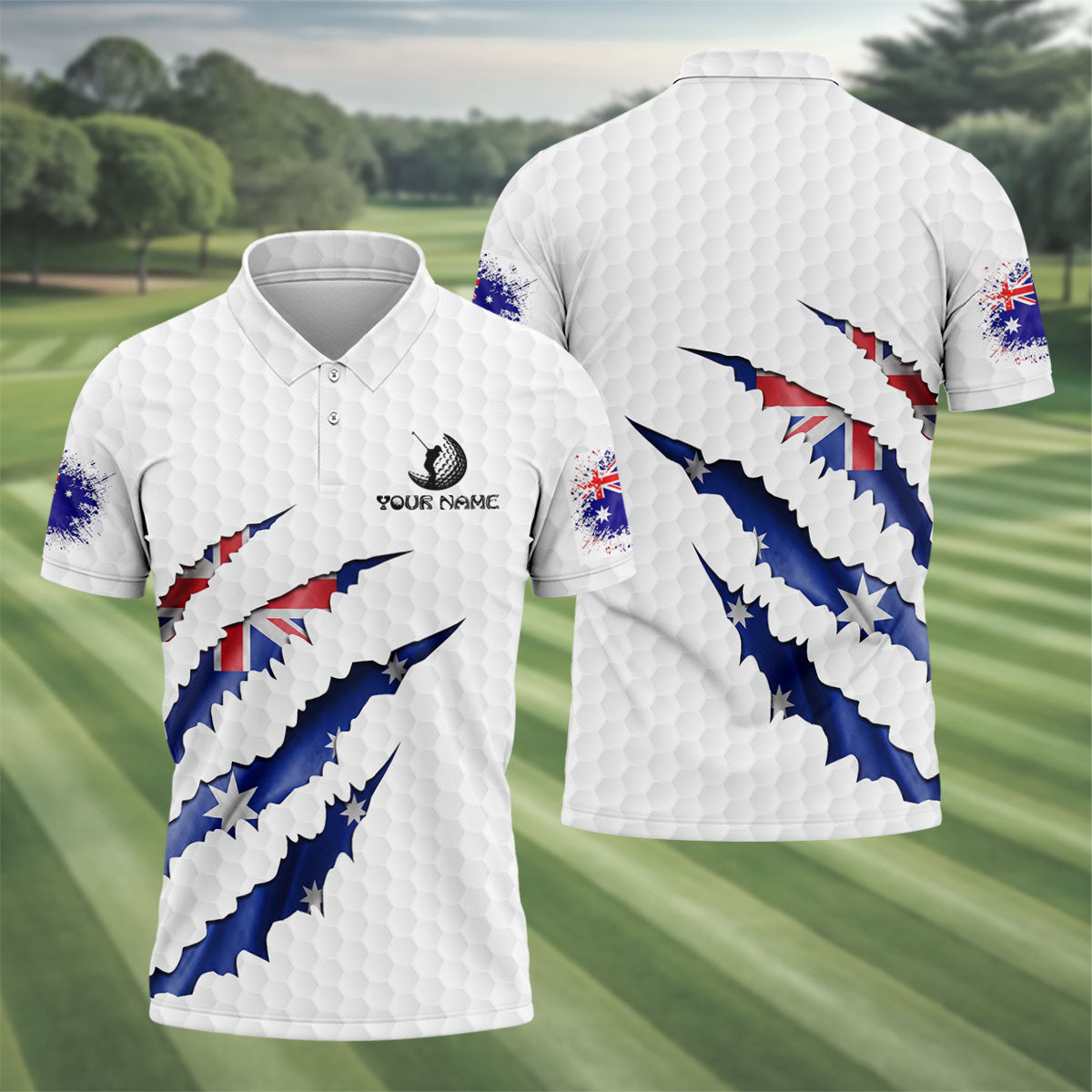 Golf Ball Pattern Australia Flag Print Scratch Effect Men's Golf Top, Golf Shirts For Men