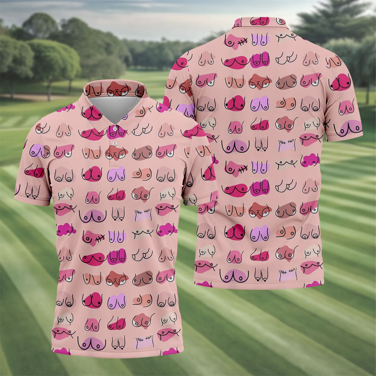 Pink Funny Boob Pattern Golf Polo Shirt, Men's Golf Shirts, Printed Golf Shirts