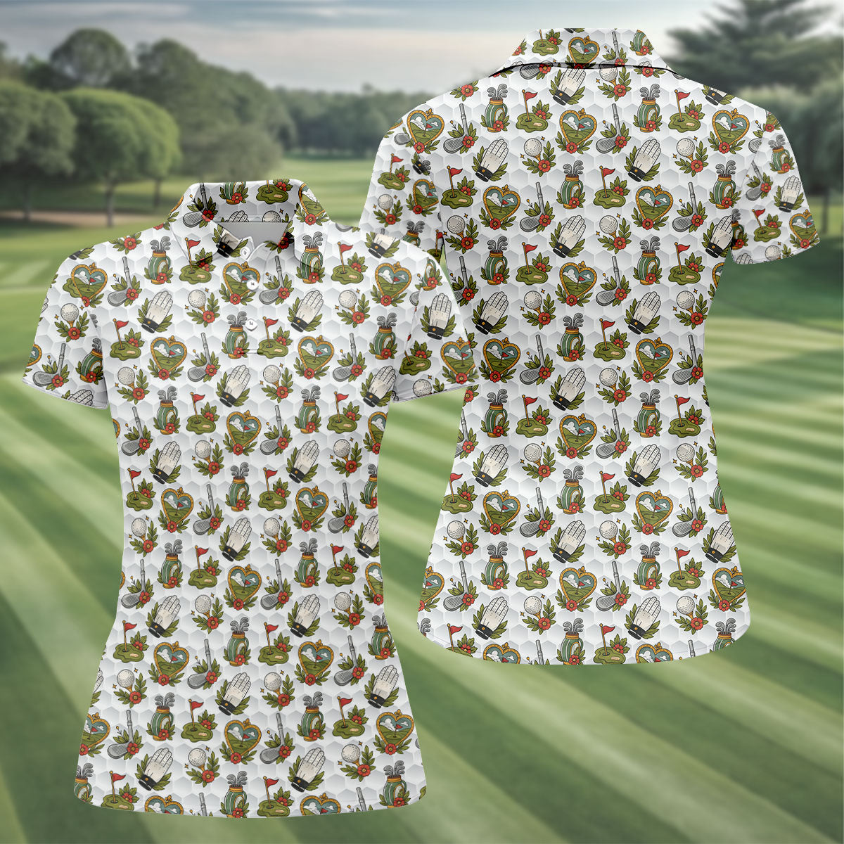 Floral Golf Club Pattern White Hawaiian Golf Shirt, Women's Golf Tops, Golf Polo For Women