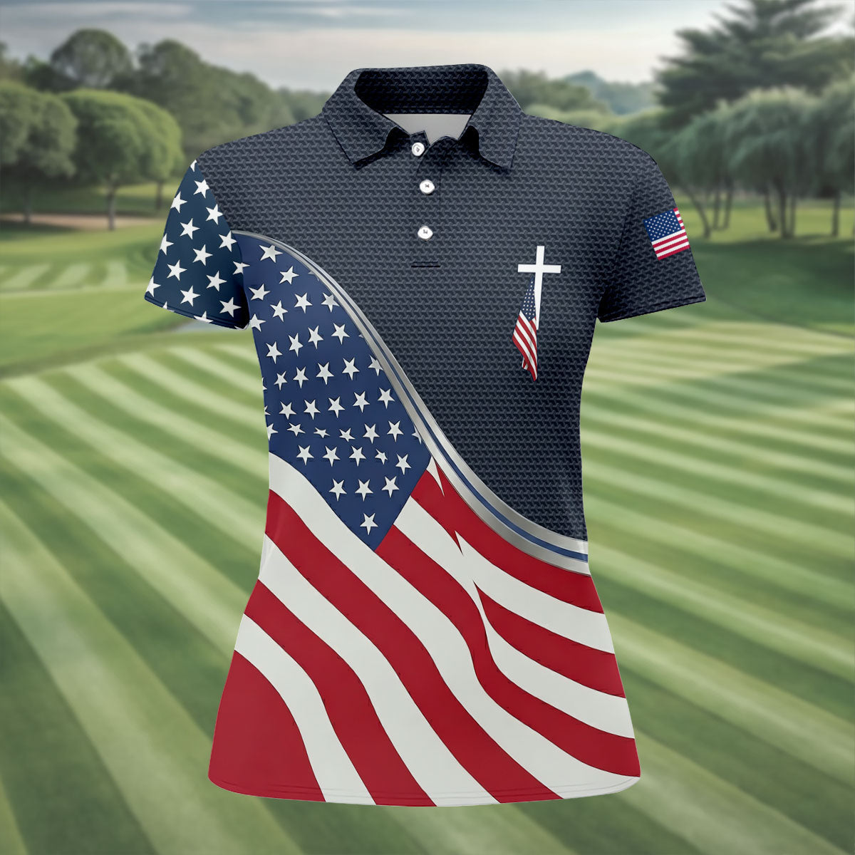 Christian American Flag Cross Golf Polo Shirt, Women's Golf Polo, Golf Tops For Women