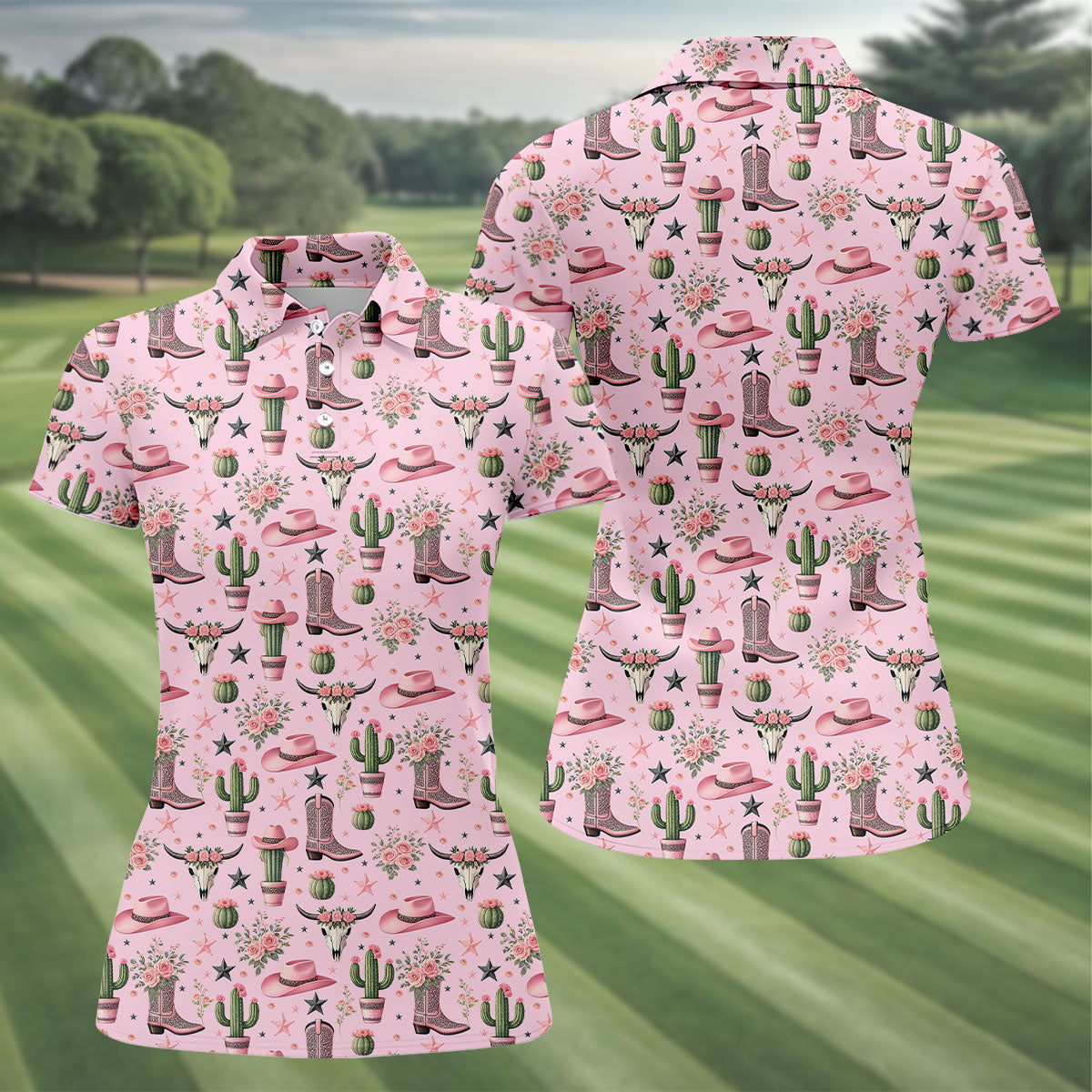 Pink Western Boots Roses Cactus Pattern Hawaiian Golf Shirt, Printed Golf Shirt, Women’s Golf Apparel
