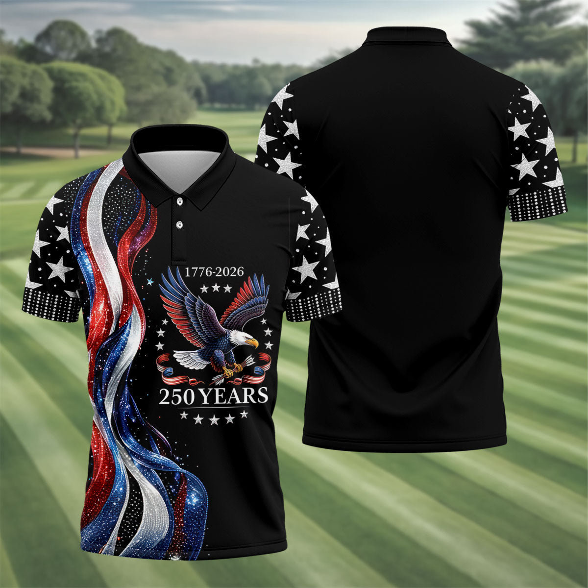 USA 250th Anniversary Bald Eagle Galaxy Art Golf Shirt, Patriotic 4th Of July Golf Shirts For Men