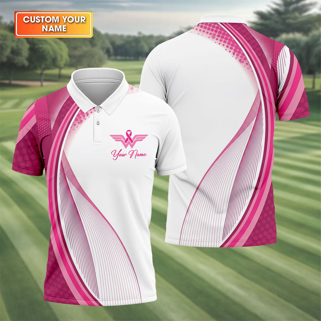 Custom Pink Ribbon Breast Cancer Golf Polo Shirt, Men's Golf Shirt, Printed Golf Shirts