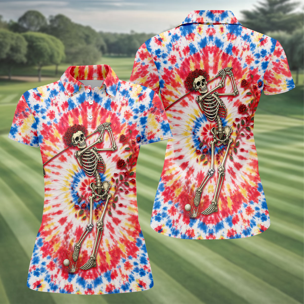 Skeleton Golfer Tie Dye Polo Shirt, Women's Golf Polo, Golf Shirts For Women