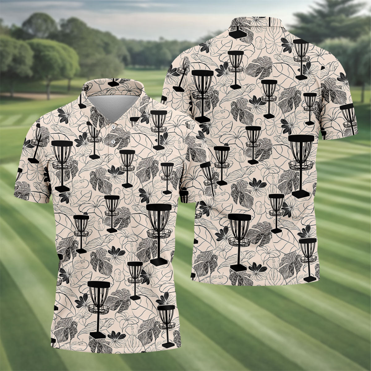 Minimalist Botanical Disc Golf Polo Shirt, Mens Golf Polo, Golf Shirts For Men