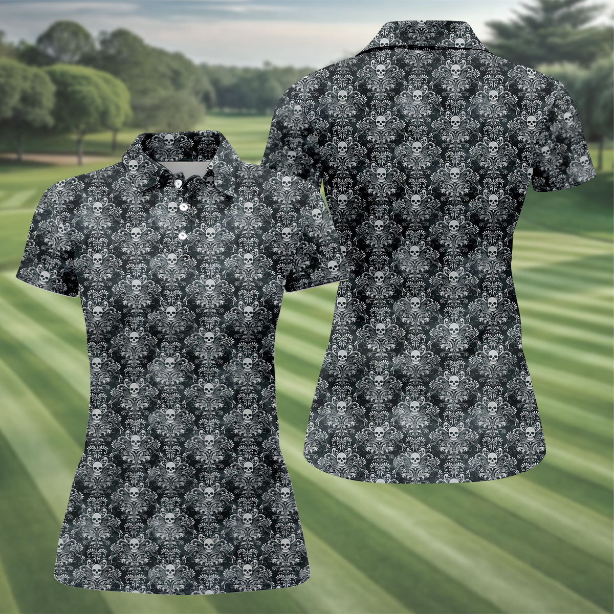Skull Damask Charcoal Grey Gothic Floral Women Golf Top, Ladies Golf Shirts, Golf Shirt For Women