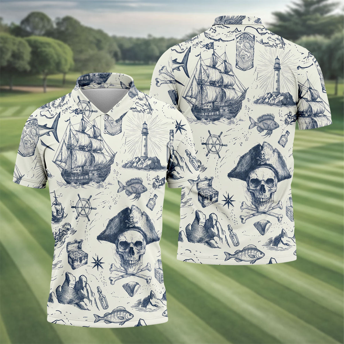 Ivory Vintage Pirate Map Pattern Hawaiian Golf Shirt, Golf Shirts For Men, Polo Shirts For Men