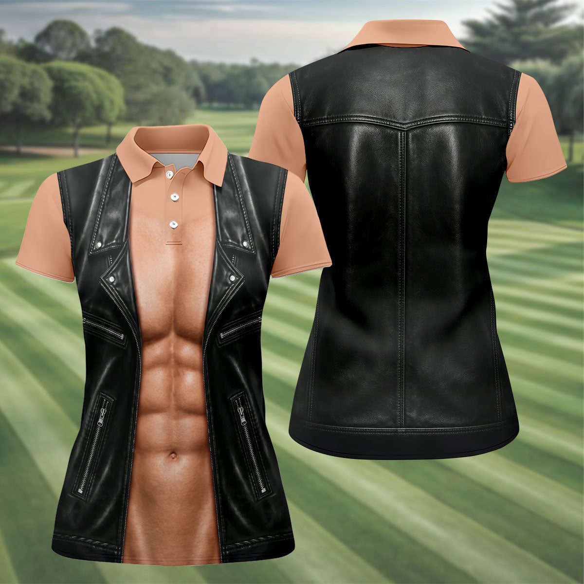 Black Leather Vest Illusion Golf Polo Shirt, Golf Shirts For Women, Women's Golf Polo