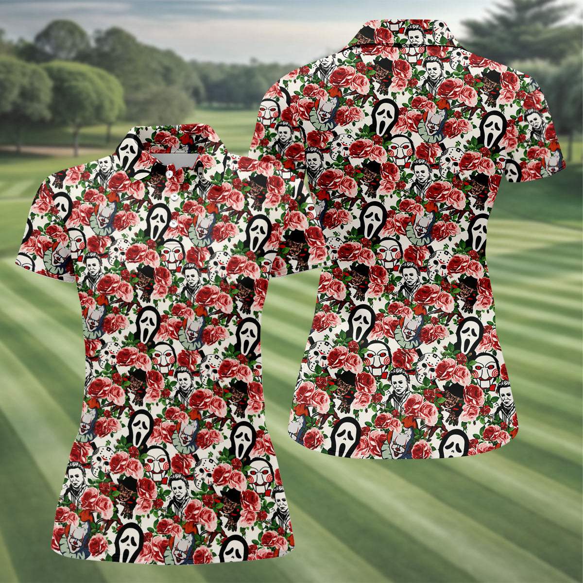Rose Horror Character Collage Halloween Golf Shirt, Ladies Golf Tops, Women's Golf Apparel