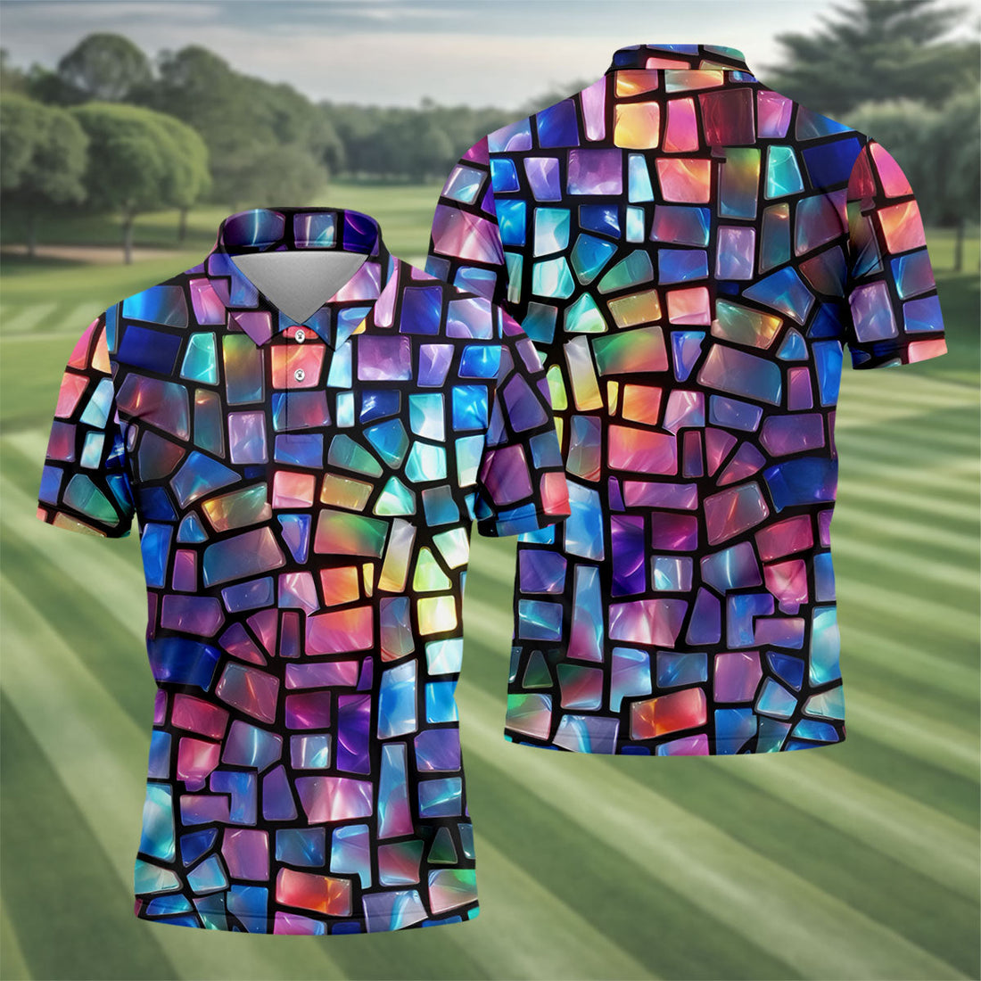 Colorful Stained Glass Mosaic Pattern Golf Shirt, Men's Golf Shirt, Golf Polo Shirts For Men, Mens Golf Apparel