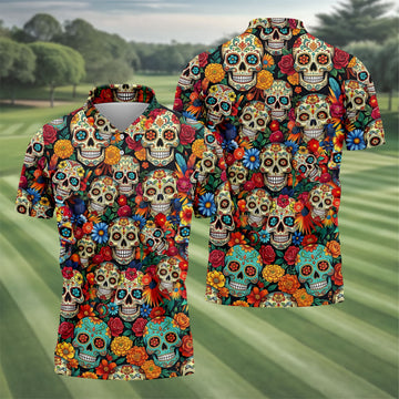 Sugar Skulls Cinco De Mayo Celebration Fiesta Golf Polo For Men, Floral Pattern Golf Shirts For Men