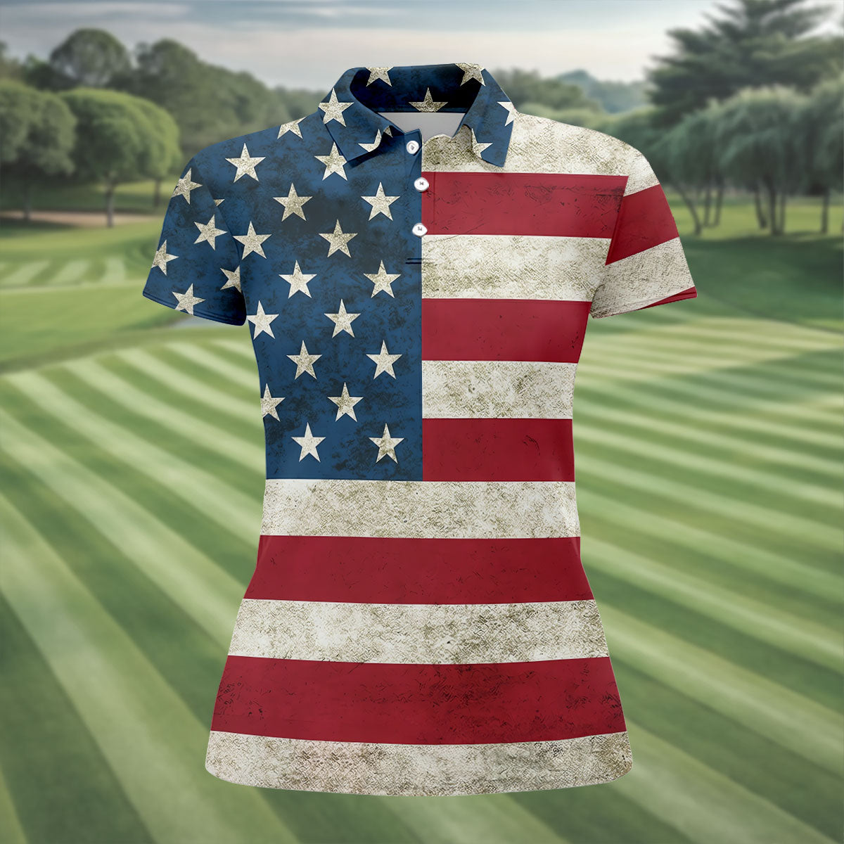Distressed US Flag Golf Shirt, 250 Years Patriotic 4th Of July Golf Shirt For Women