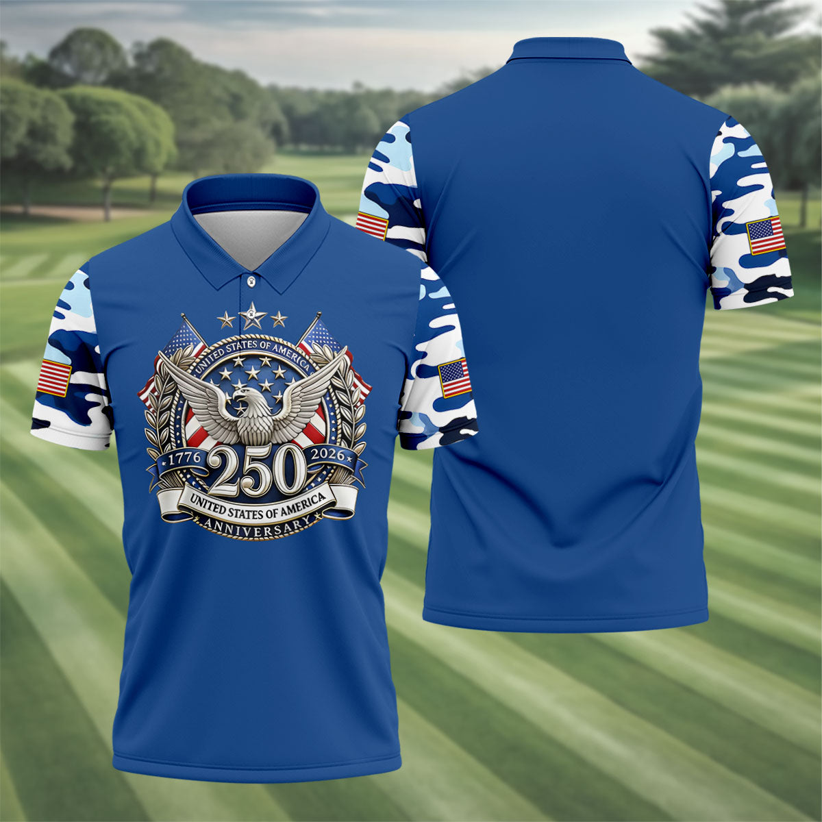 Patriotic Bald Eagle Blue And White Camo Blue Golf Shirt, 250th Anniversary Golf Shirts For Men
