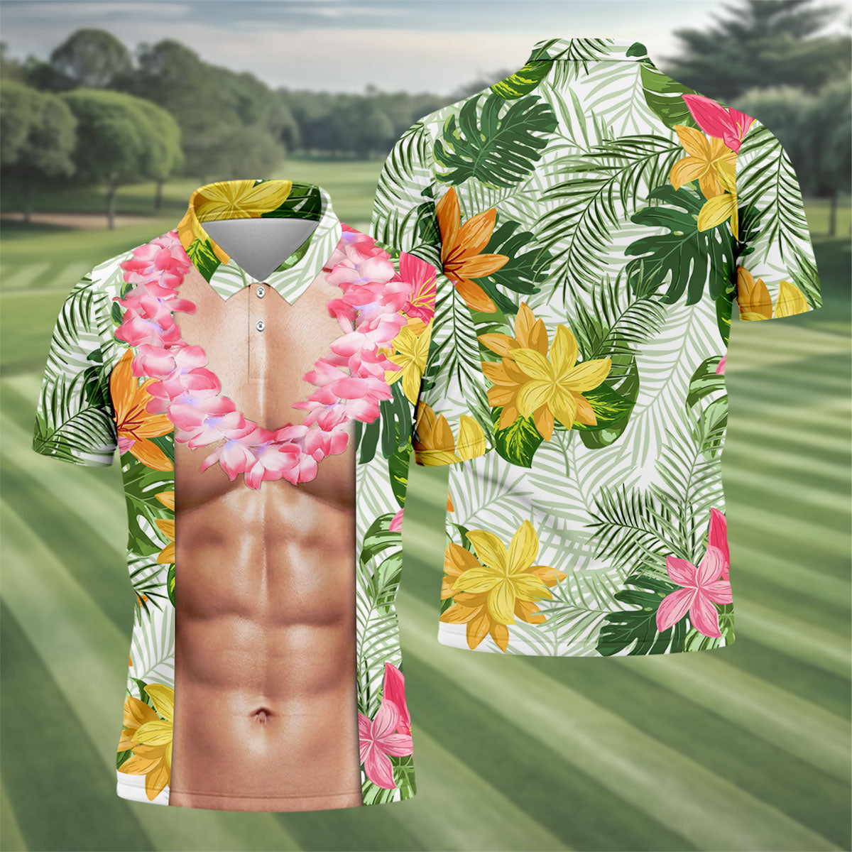 Light Skin Tropical Muscle Chest Hawaiian Golf Polo Shirt, Hawaiian Golf Shirt, Men's Golf Shirt