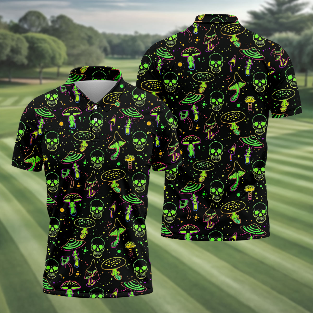 Mushroom And Skull Neon Pattern Hawaiian Golf Shirt, Men's Funny Golf Shirts