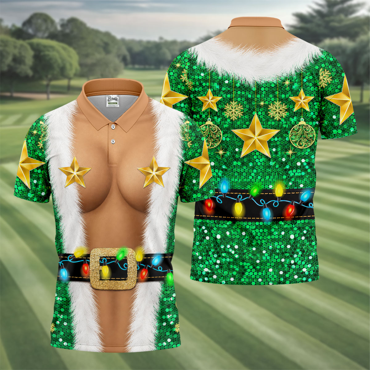Green Santa Gold Stars Christmas Golf Polo Shirt, Mens Golf Shirts, Mens Polo Shirts