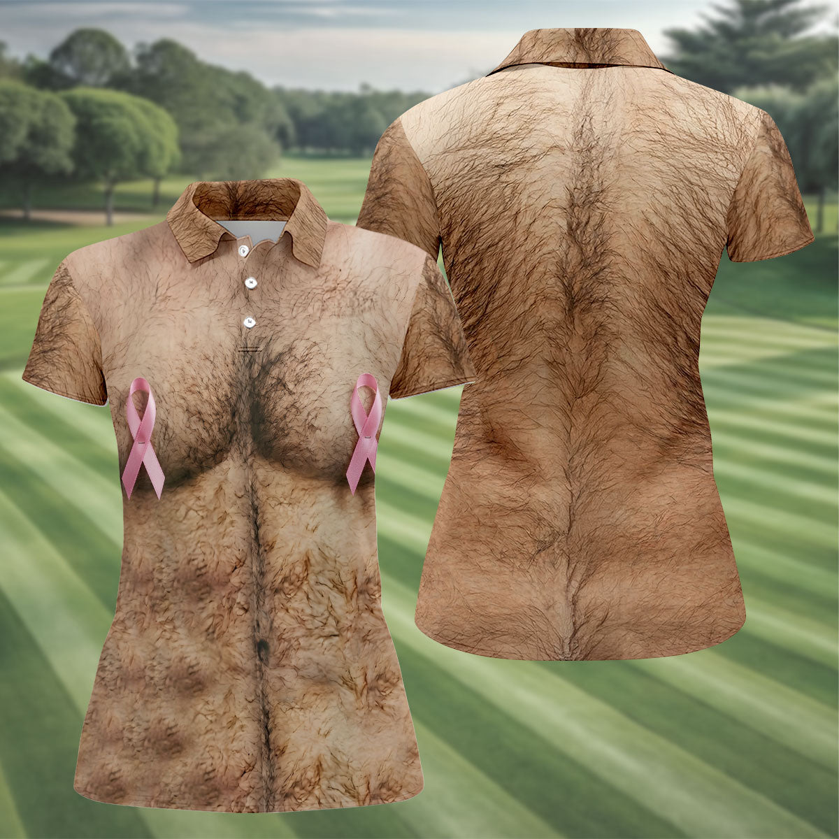 Pink Ribbon Hairy Chest Breast Cancer Golf Shirt, Women’s Golf Polo, Golf Shirts For Women