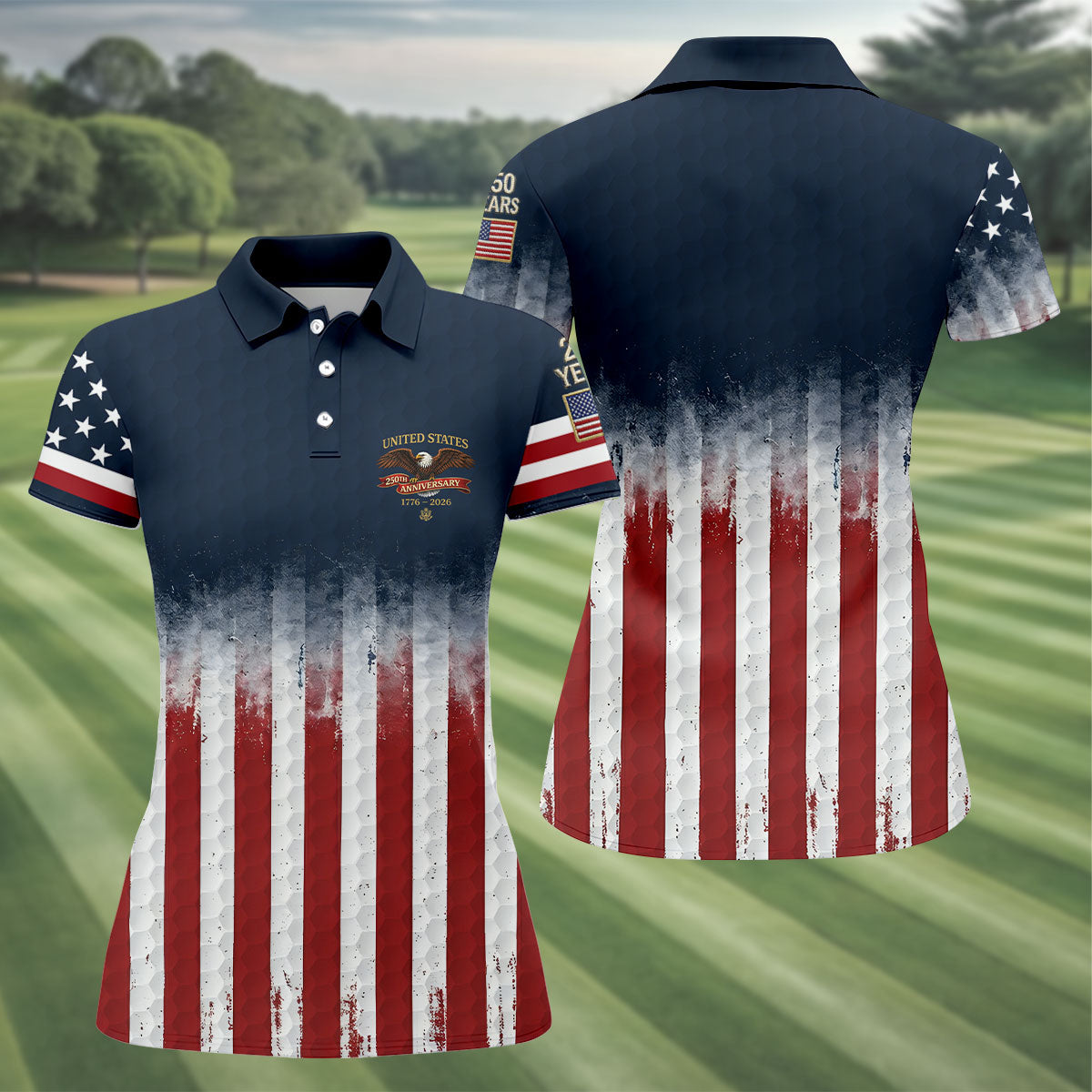 United States 250th Anniversary Distressed Flag Ladies Golf Shirts, Golf Ball Pattern Golf Shirt For Women