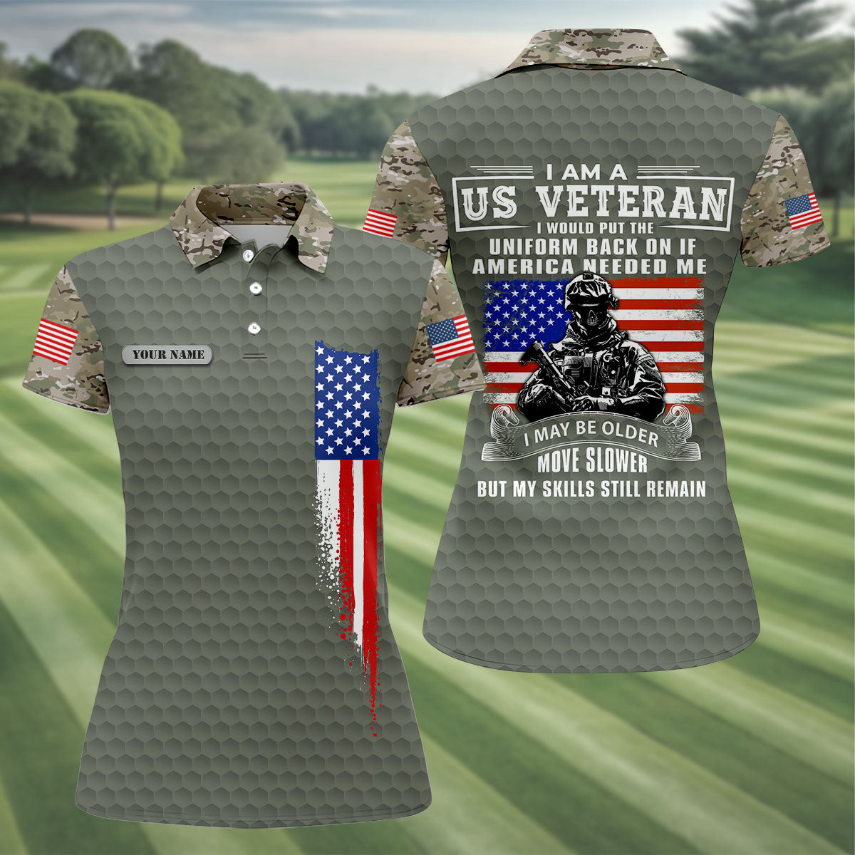 I Am A US Veteran American Flag Camo Golf Shirt, 250 Years 4th Of July Golf Shirt For Women