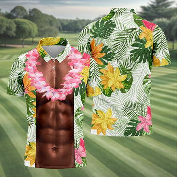 Tan Skin Tropical Muscle Chest Hawaiian Golf Polo Shirt, Golf Apparel For Men, Printed Golf Shirts