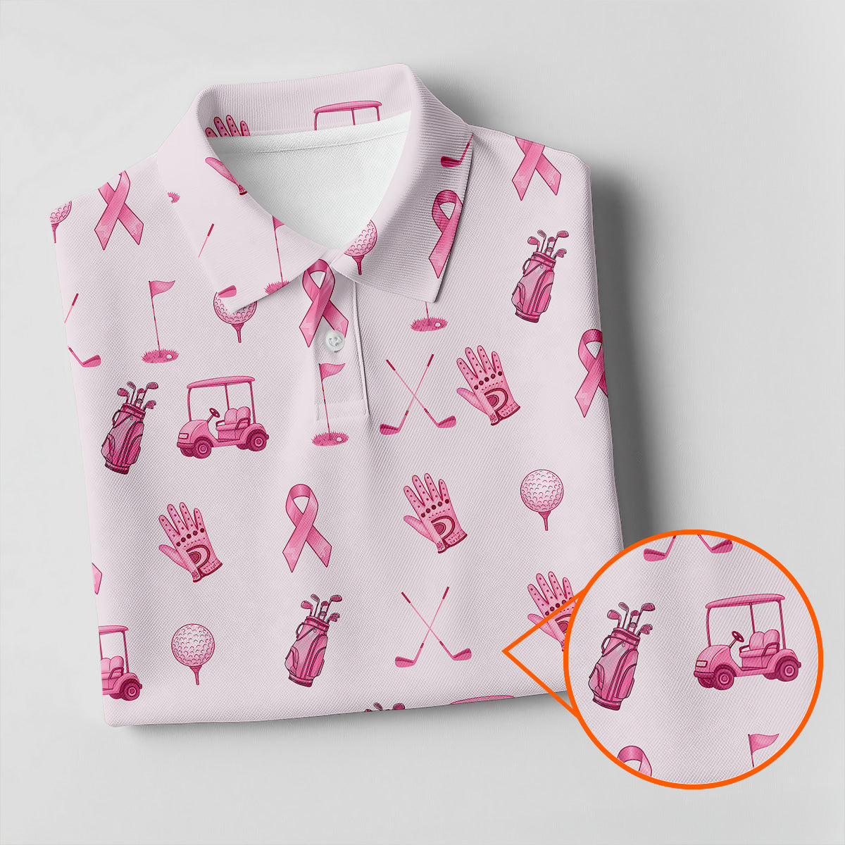 Funny Pink Ribbon Golf Pattern Women's Polo Shirt, Breast Cancer Golf Shirt, Breast Cancer Awareness Shirt