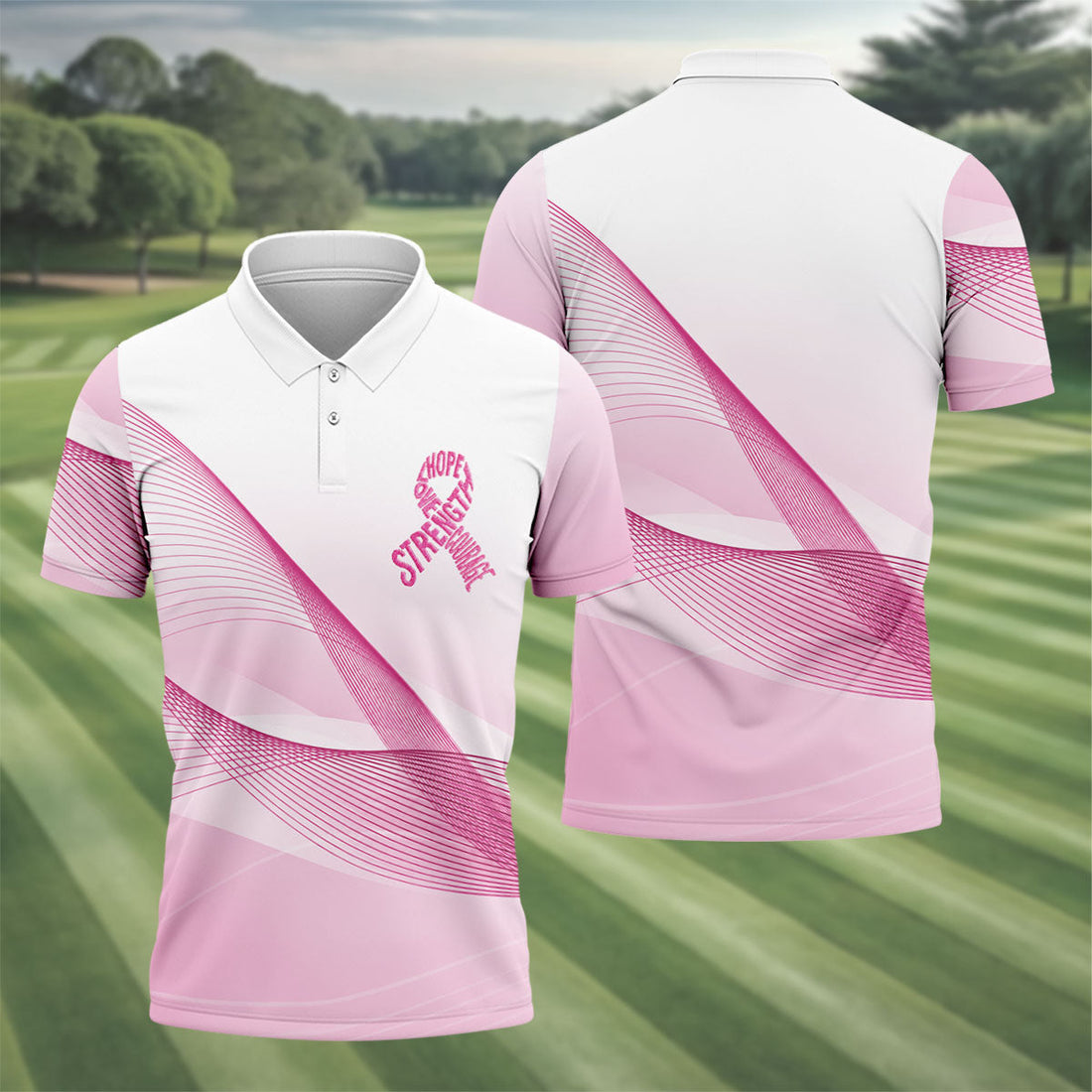 Hope Strength Courage Breast Cancer Polo Shirt, Golf Shirts For Men, Mens Golf Apparel