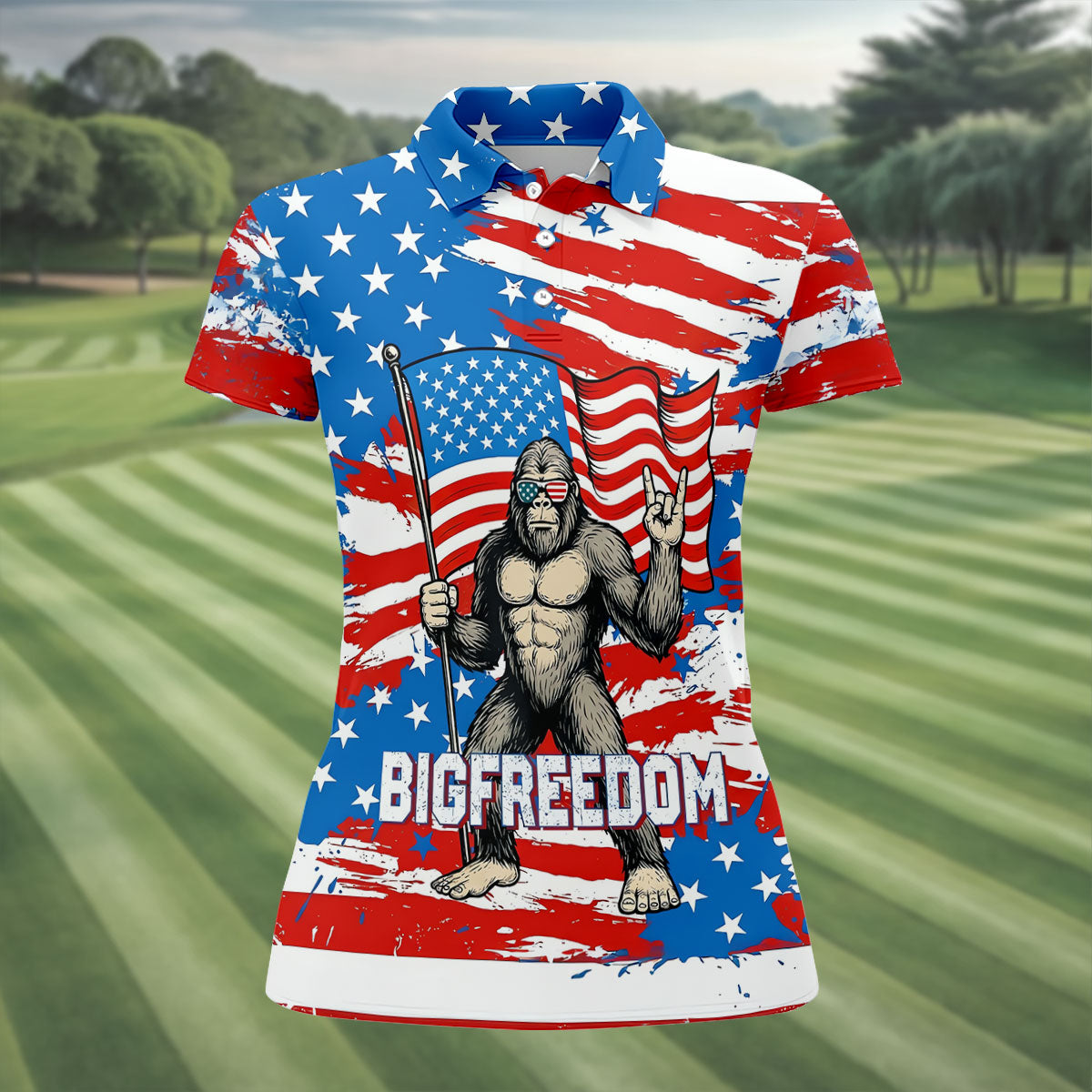 Bigfreedom Red White Blue Patriotic Bigfoot 4th Of July Golf Shirt, 250 Years Golf Shirt For Women