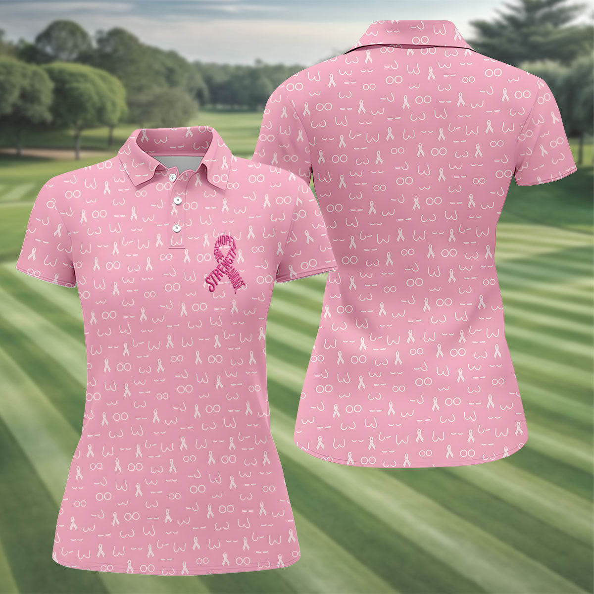 Hope Love Faith Strength Courage Breast Cancer Polo Shirt, Womens Golf Tops, Ladies Golf Top