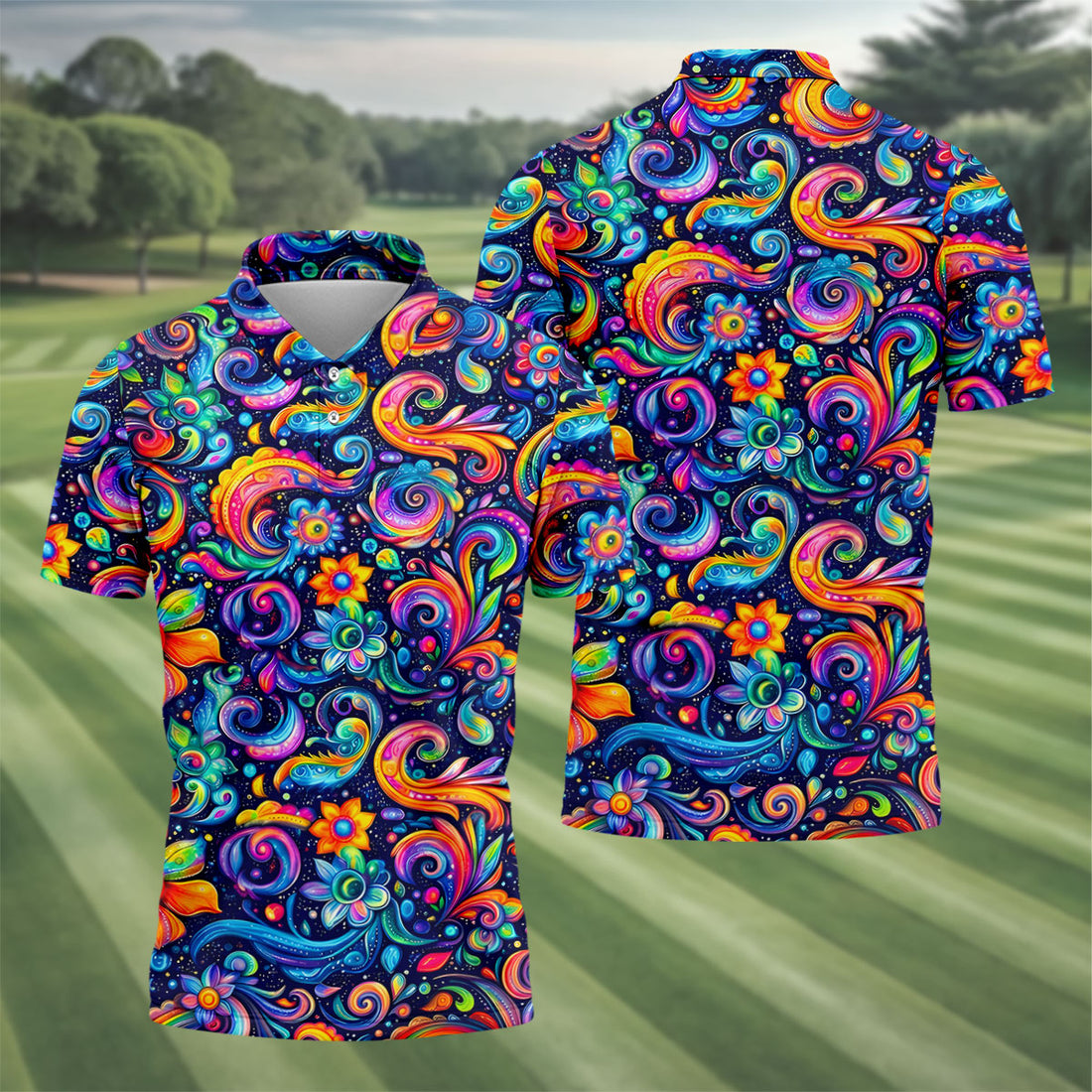 Colorful Psychedelic Swirl Floral Hawaiian Golf Shirt, Mens Golf Shirts, Golf Apparel For Men