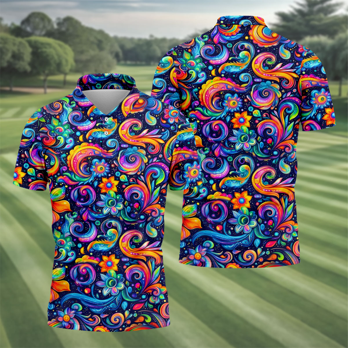 Colorful Psychedelic Swirl Floral Hawaiian Golf Shirt, Mens Golf Shirts, Golf Apparel For Men