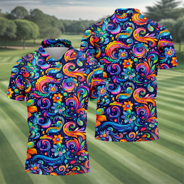 Colorful Psychedelic Swirl Floral Hawaiian Golf Shirt, Mens Golf Shirts, Golf Apparel For Men
