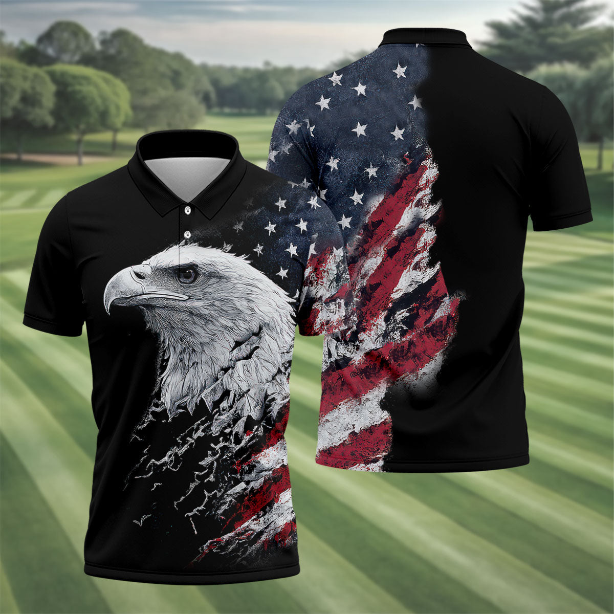 American Flag Bald Eagle Shattering Effect Golf Shirt, Patriotic Golf Shirt, Golf Shirts For Men