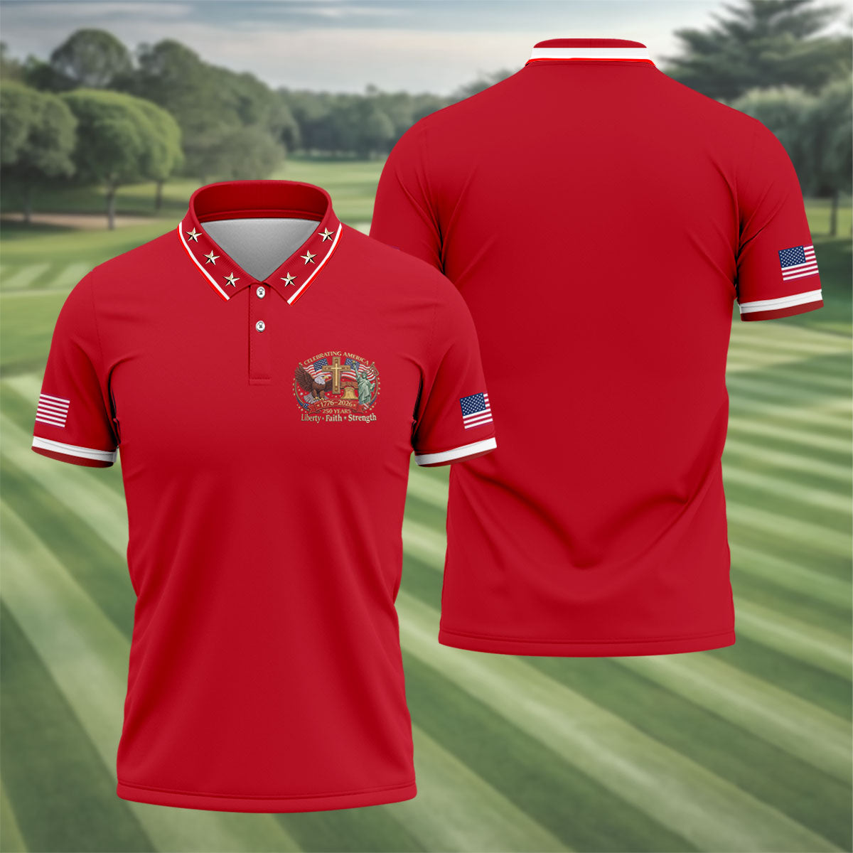 Liberty Faith Strength Faith Cross USA 250 Red Golf Shirt, 4th Of July Golf Shirts For Men