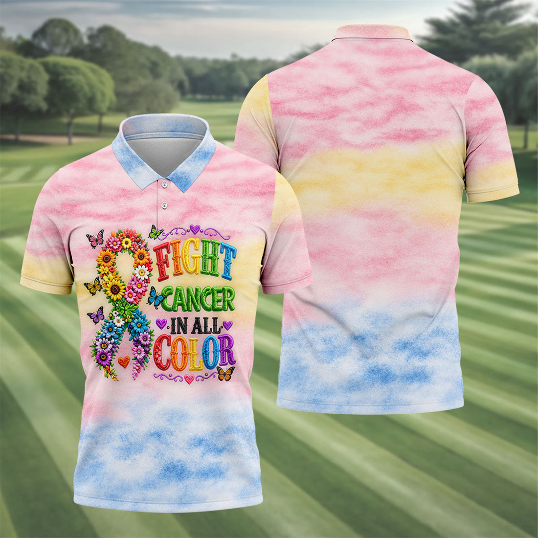 Fight Cancer In All Color Floral Ribbon Polo Shirt, Mens Golf Polo, Printed Golf Shirts