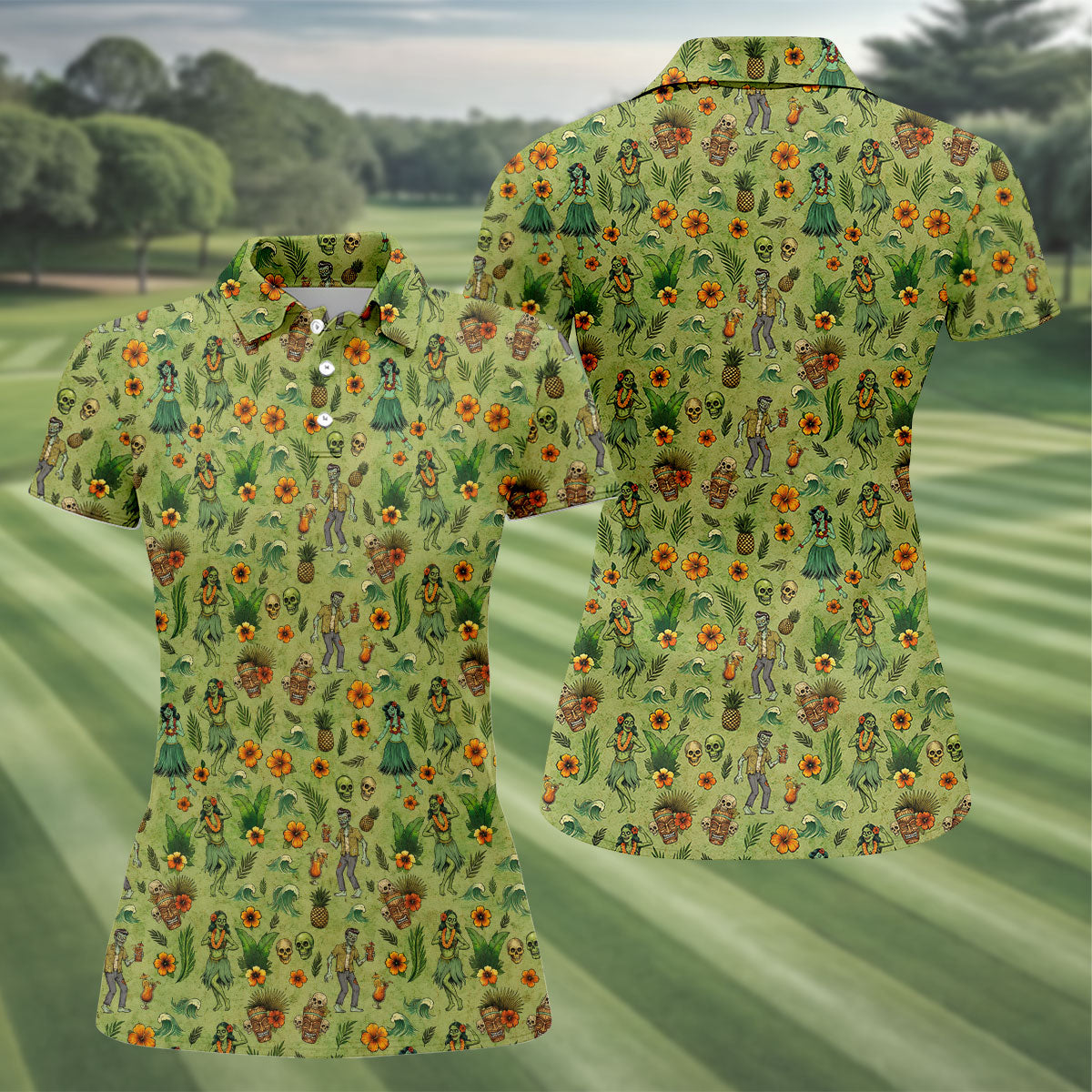 Tiki Zombie Hawaiian Golf Shirt, Hula Dancer Skull Pattern, Polo Shirts For Women