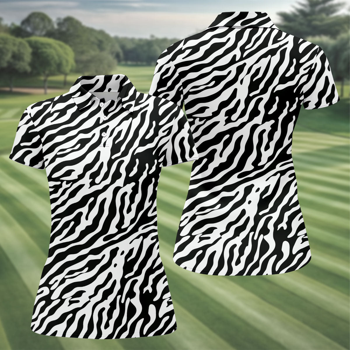 Zebra Print Golf Shirt, Black White Animal Pattern 's Golf Polo, Polo Shirts For Women
